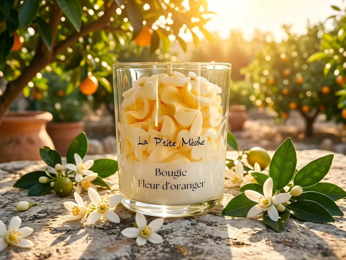 Moment cocooning avec la grande bougie Fleur d'Oranger, diffusion intense du parfum de Grasse.