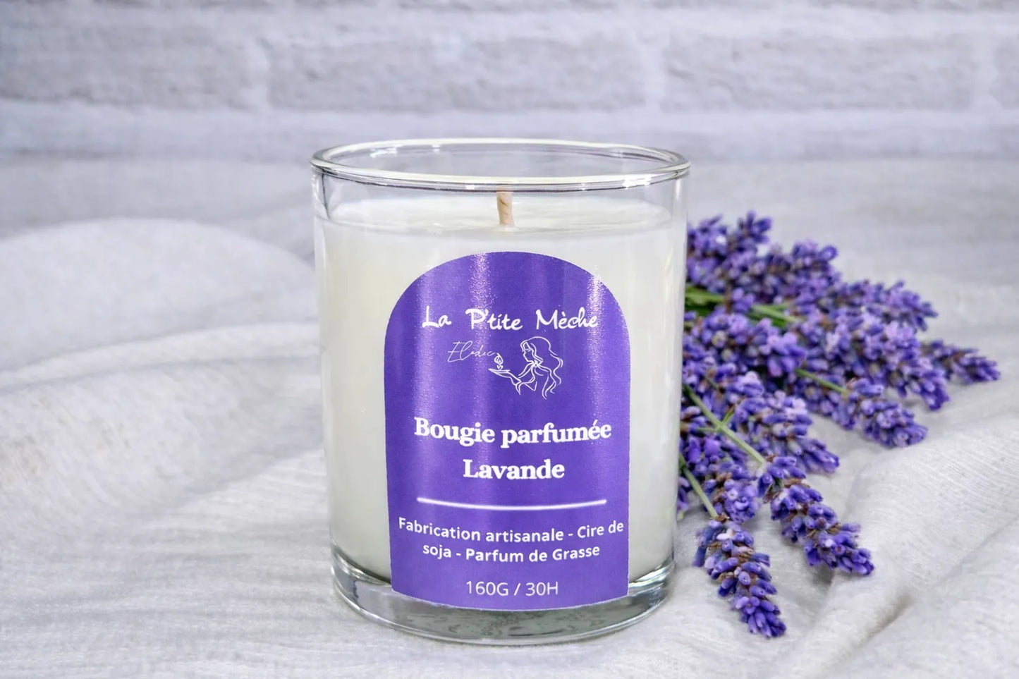 Bougie parfumée Lavande La P'tite Mèche, fabrication artisanale en cire de soja végétale et parfum de Grasse, pot 160g