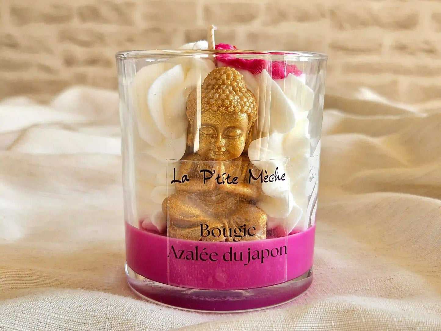Grande bougie gourmande avec Bouddha doré, parfum Azalée du Japon, décoration zen et spirituelle.