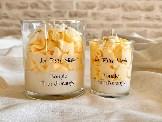 Duo de bougies artisanales Fleur d'Oranger, parfum de Grasse sans CMR, cire de soja et olive.
