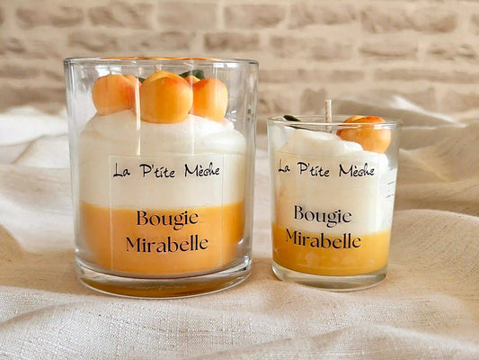 Duo de bougies gourmandes à la Mirabelle, formats 190g et 65g, cire de soja et décors fruités.