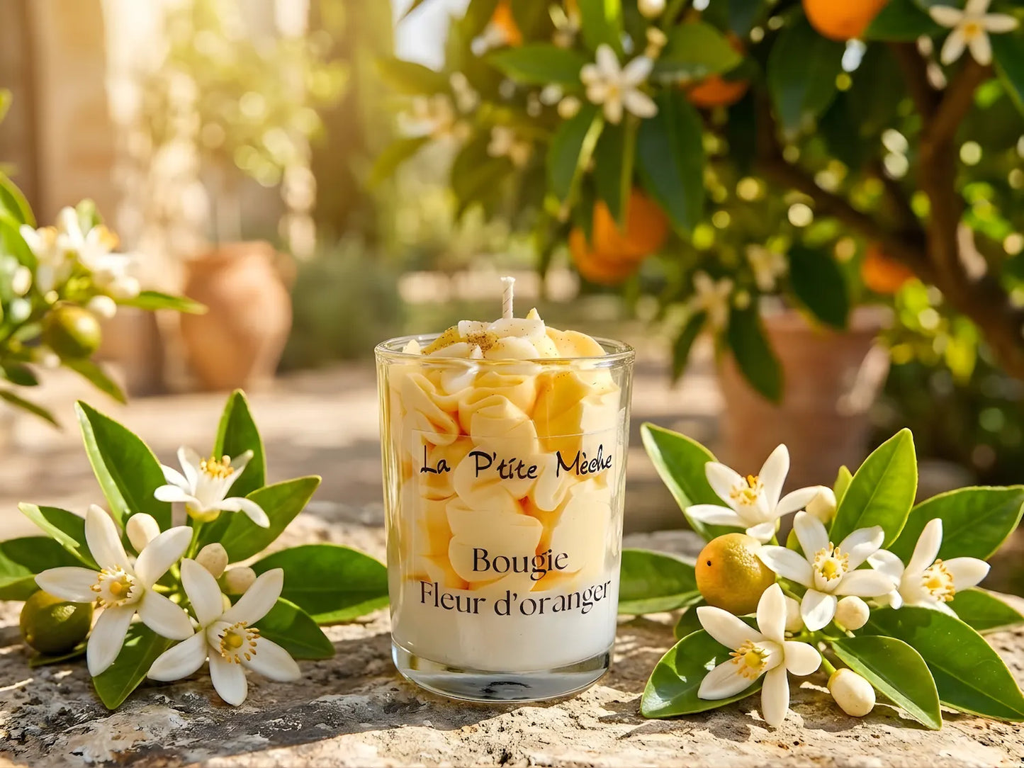 Ambiance déco méditerranéenne avec la petite bougie Fleur d'Oranger, senteur naturelle apaisante