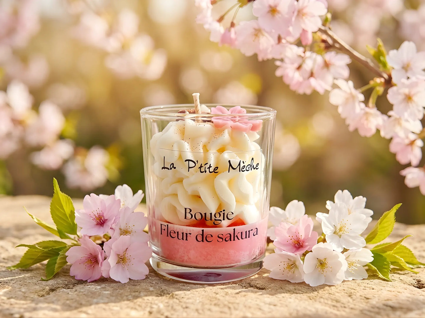 Ambiance déco japonaise avec la petite bougie Fleur de Sakura, parfum de Grasse floral et doux.