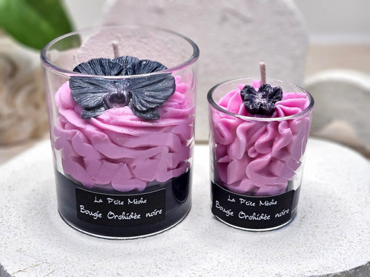 Ensemble de deux bougies gourmandes Orchidée Noire (190g et 65g), ambiance florale intense et design chic pour intérieur.