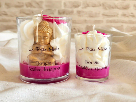 Duo de bougies artisanales au parfum Azalée du Japon, pots de 190g et 65g, créations bicolores.