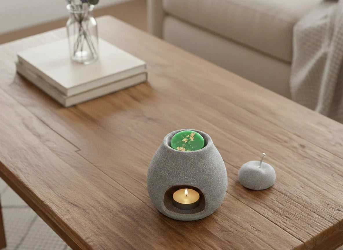 Photographie d'ambiance montrant le brûleur gris actif sur une table basse en chêne dans un salon moderne et minimaliste. Le palet fondant citron vert libère sa fragrance.