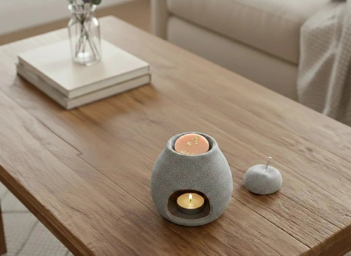 Scène d'intérieur cosy : brûleur de parfum allumé sur une table en bois, créant une atmosphère relaxante grâce au fondant Magnolia.