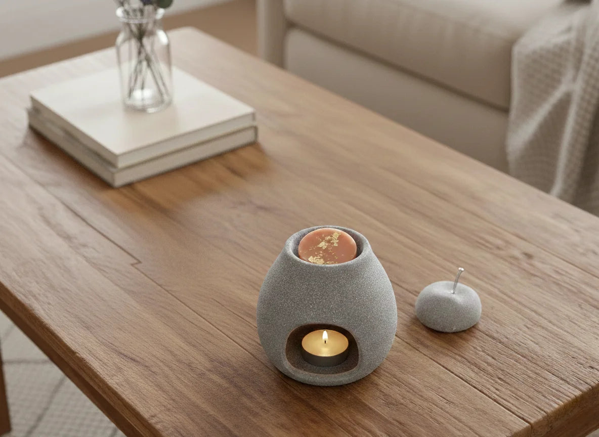 Ambiance cocooning avec le brûleur de parfum allumé sur une table en bois massif, diffusant une odeur de lait d'amande douce.