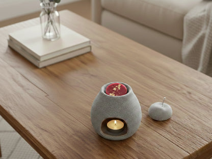 Brûleur de parfum allumé sur une table en bois clair, diffusant une odeur de fraise et de rhubarbe fraîche dans une pièce lumineuse.