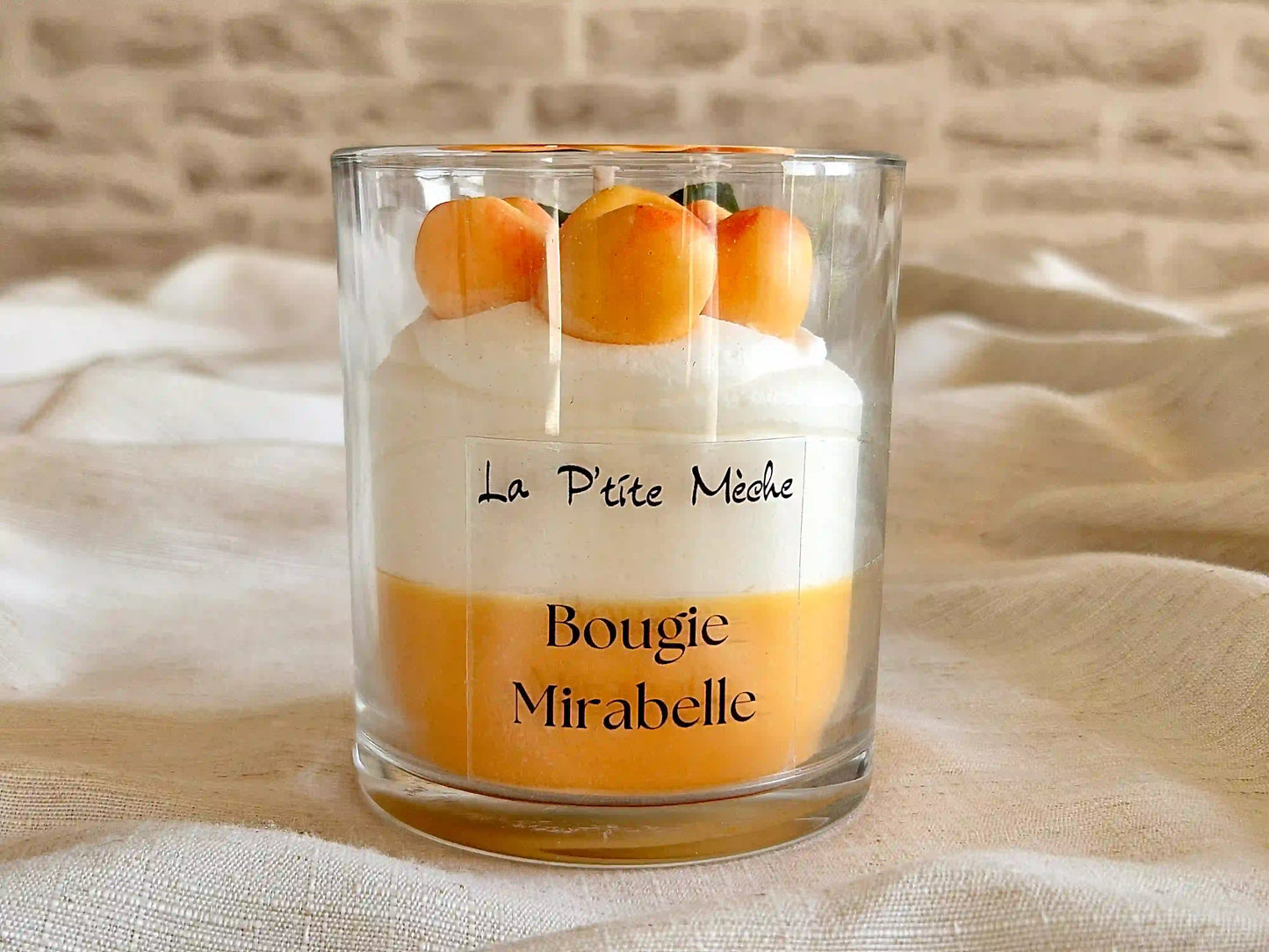 Grande bougie gourmande 190g parfumée à la Mirabelle, décoration d'intérieur fruitée faite main.