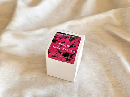 Boîte cadeau blanche avec étiquette fleurie pour la petite bougie Azalée du Japon, prêt à offrir.