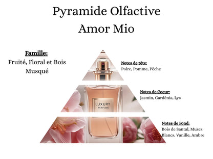 Notes de tête, cœur et fond du parfum Amor Mio : une fragrance passionnée aux notes de fruits rouges et agrumes, inspirée d'un grand parfum - La P'tite Mèche