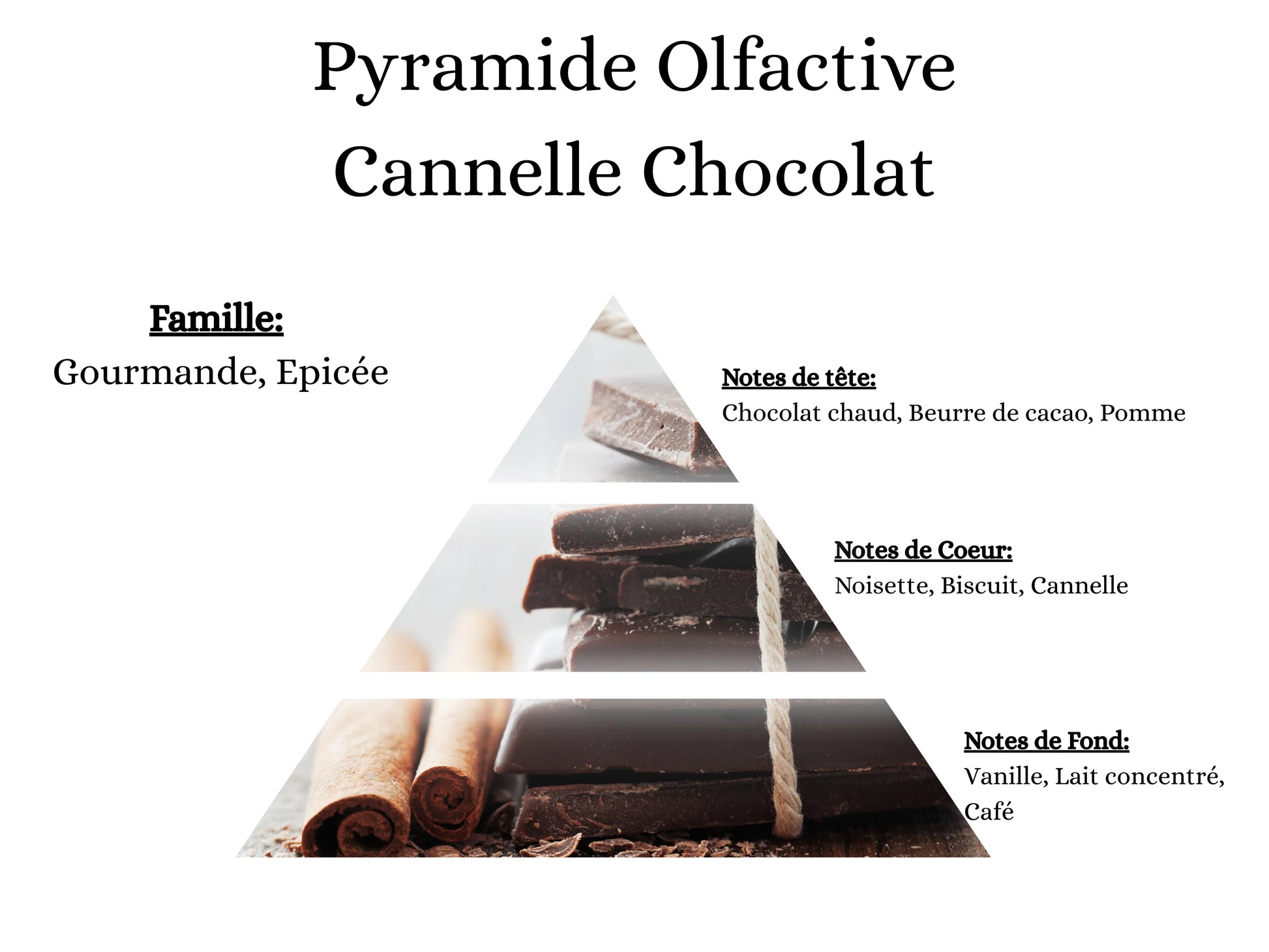 Pyramide olfactive du parfum Cannelle Chocolat – Notes de tête, cœur et fond de la bougie artisanale