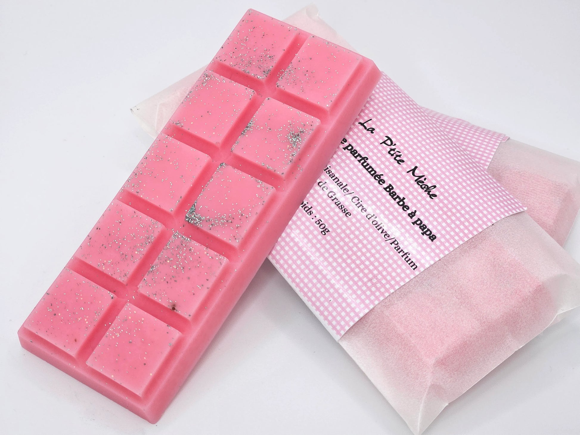 Fondant parfumé snapbar artisanal à la barbe à papa rose, décoré de paillettes