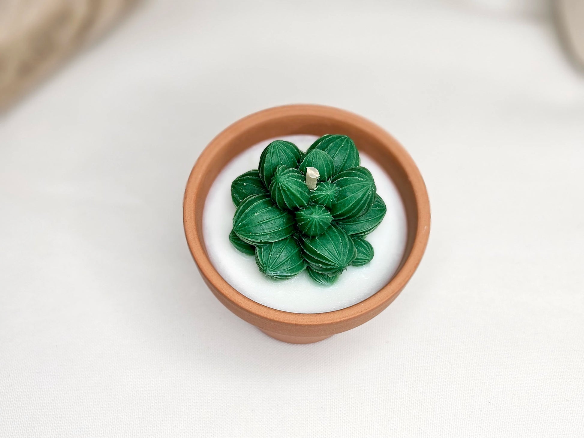 Vue du dessus centrée sur le fondant en forme de cactus vert sculpté à la main, posé sur la cire blanche de la bougie.